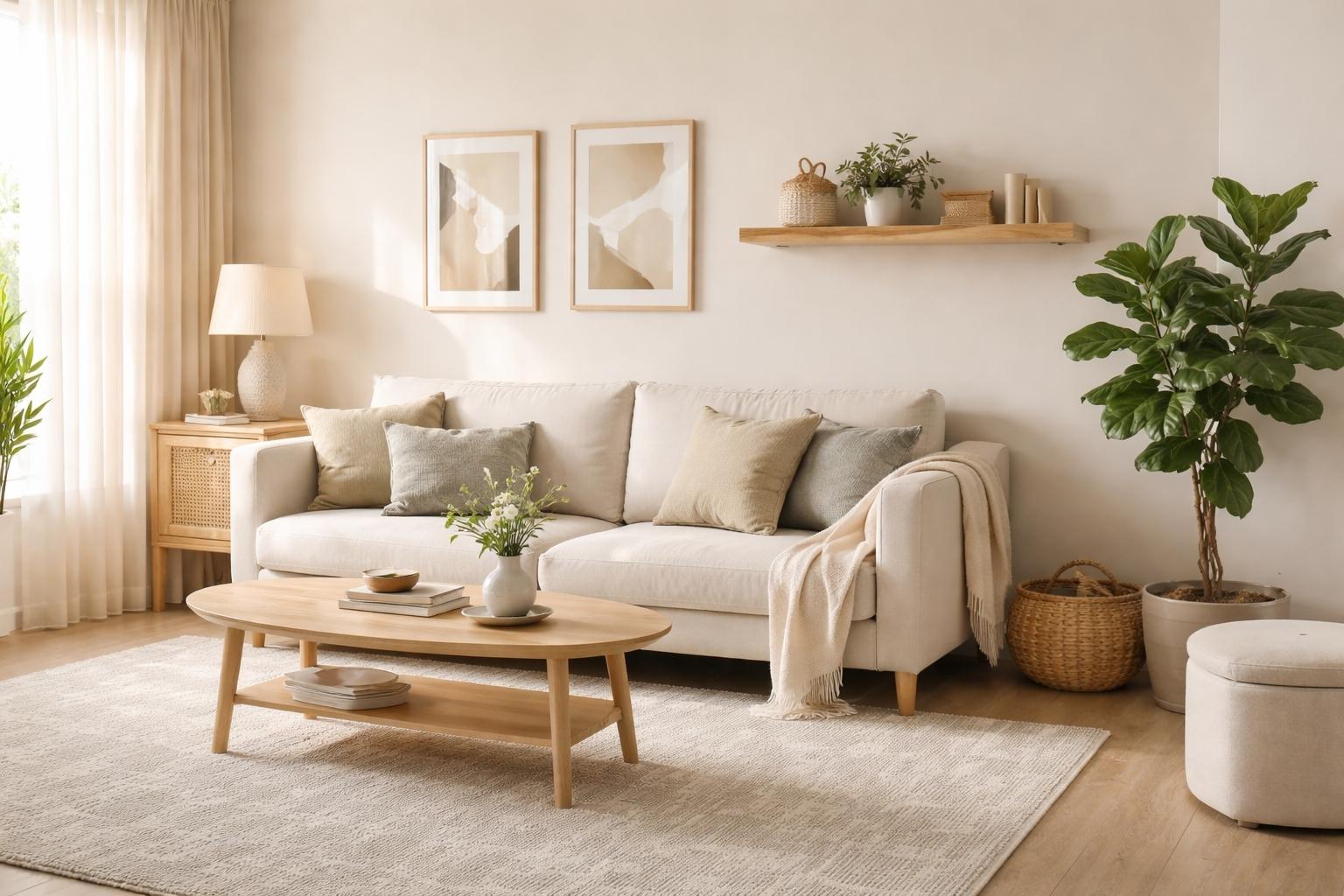 Cozy neutral living room with soft natural light, warm wood accents, and elegant modern decor