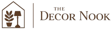 The Decor Nook logo featuring a house outline with a plant and lamp in warm brown