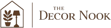 The Decor Nook logo featuring a house outline with a plant and lamp in warm brown