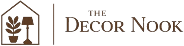 The Decor Nook logo featuring a house outline with a plant and lamp in warm brown