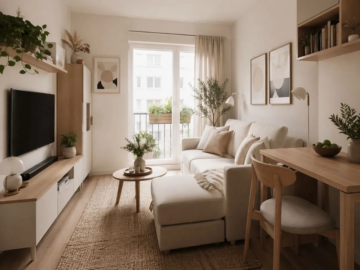 Small modern apartment living room with compact layout and cozy neutral decor