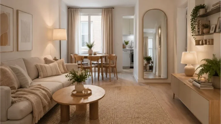 Cozy small apartment living room with neutral decor, round coffee table, large rug, mirror, and compact dining area