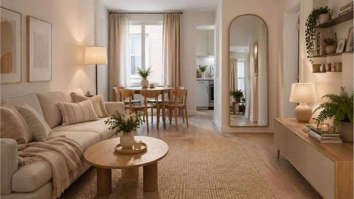 Cozy small apartment living room with neutral decor, round coffee table, large rug, mirror, and compact dining area