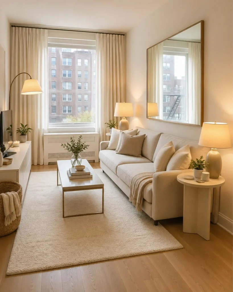 Small apartment living room with layered warm lighting and neutral decor