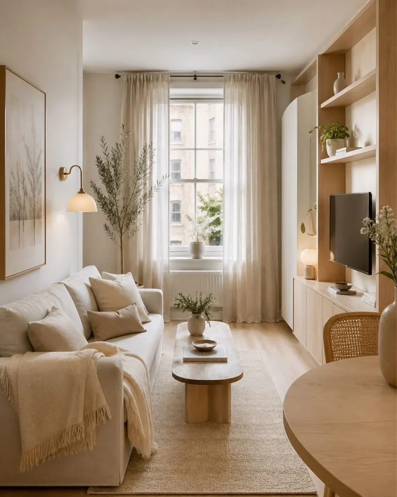 Tiny apartment living room in warm neutral tones with a slim sofa, soft rug, light oak finishes, and airy layout.