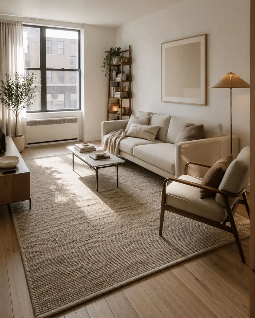 Compact apartment living room with a large rug that visually expands the space