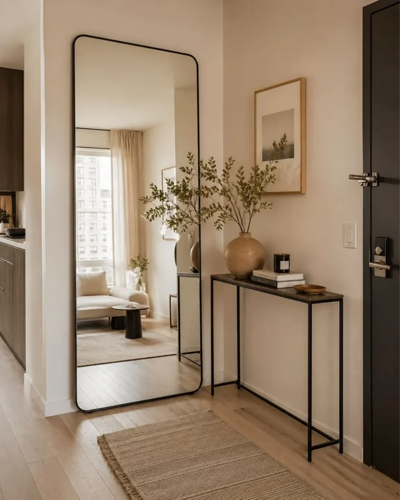 Tiny apartment corner with a full-length mirror, slim console table, and warm neutral decor.