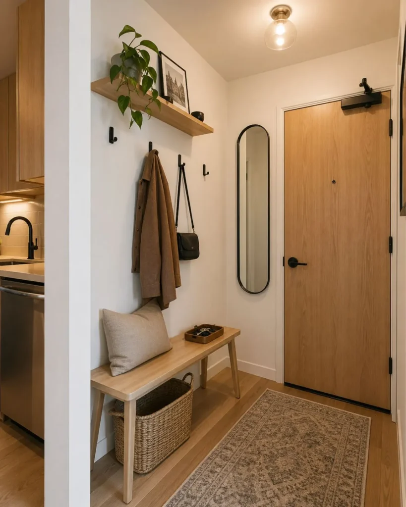 Tiny apartment entryway with a slim bench, wall hooks, narrow mirror, woven basket, and light wood decor.