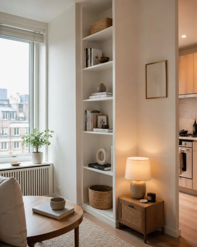 Small apartment with tall vertical shelving, books, baskets, and warm neutral decor.