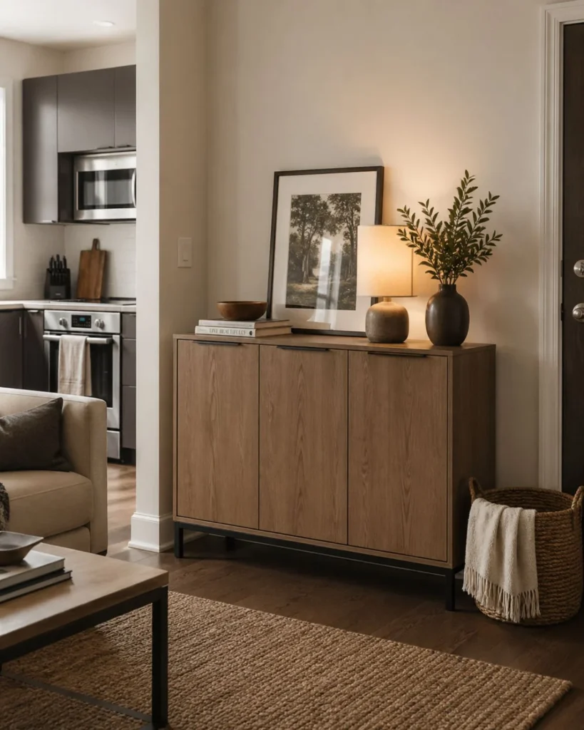 Small apartment with a closed storage cabinet, warm lamp, woven basket, and neutral decor.