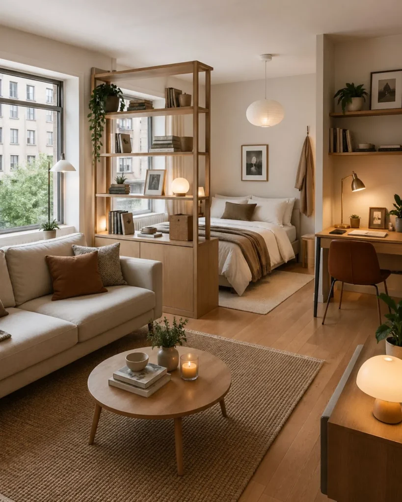 Studio apartment divided into living, sleeping, and work zones with open shelving and warm lighting