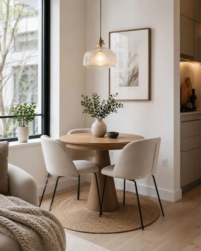 Small apartment dining corner with round pedestal table, tuck-in chairs, and soft neutral decor
