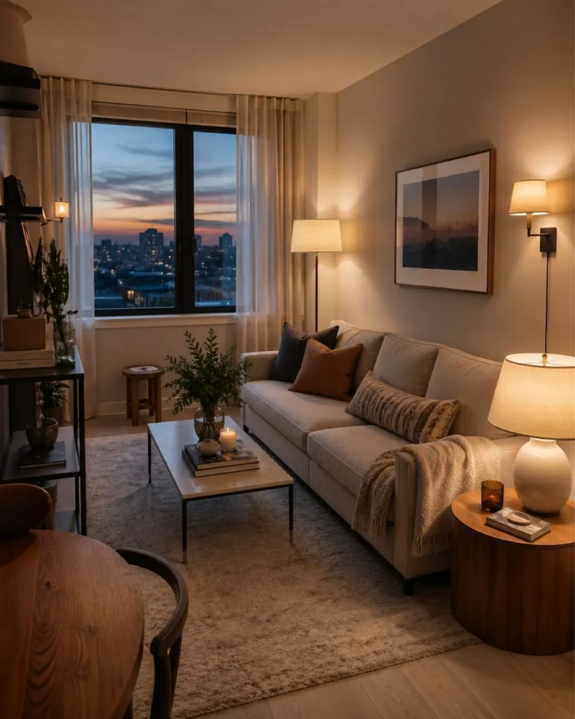 Small apartment living room at dusk with layered warm lighting and cozy modern decor