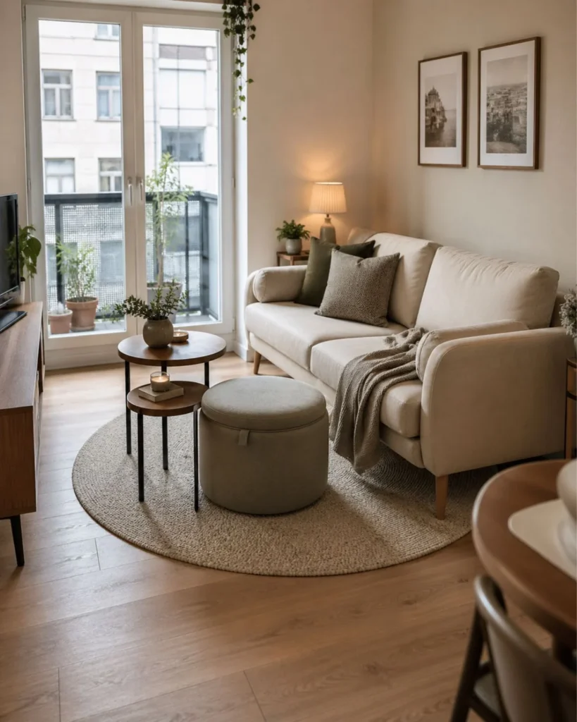 Small apartment seating area with nesting tables and a storage ottoman