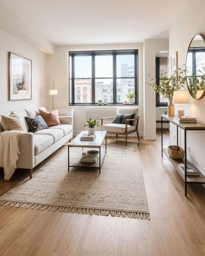 Compact apartment with sofa and chair on visible legs, open floor, and airy modern styling