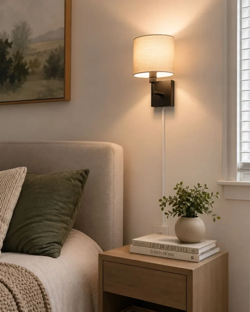 Small apartment bedside corner with plug-in wall sconce and uncluttered nightstand