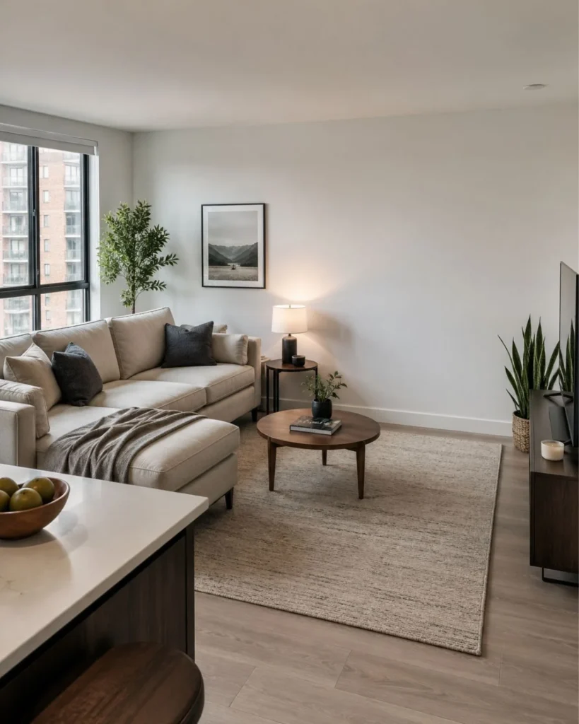 Small apartment living area with a quiet blank wall, neutral sofa, round coffee table, and soft natural light