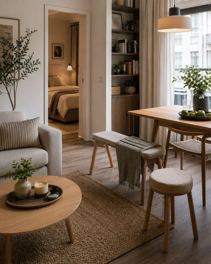 Small apartment with flexible bench and stool between living and dining areas
