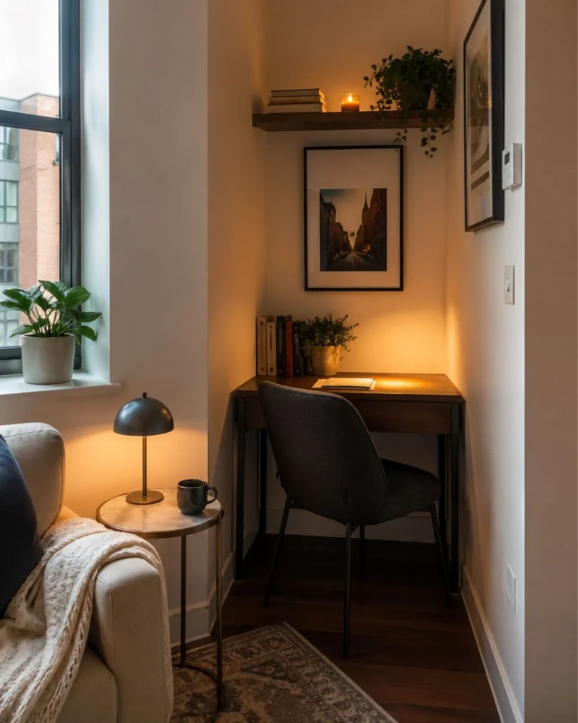 Small apartment corner with a slim desk, chair, shelf, and warm lighting for a cozy functional nook