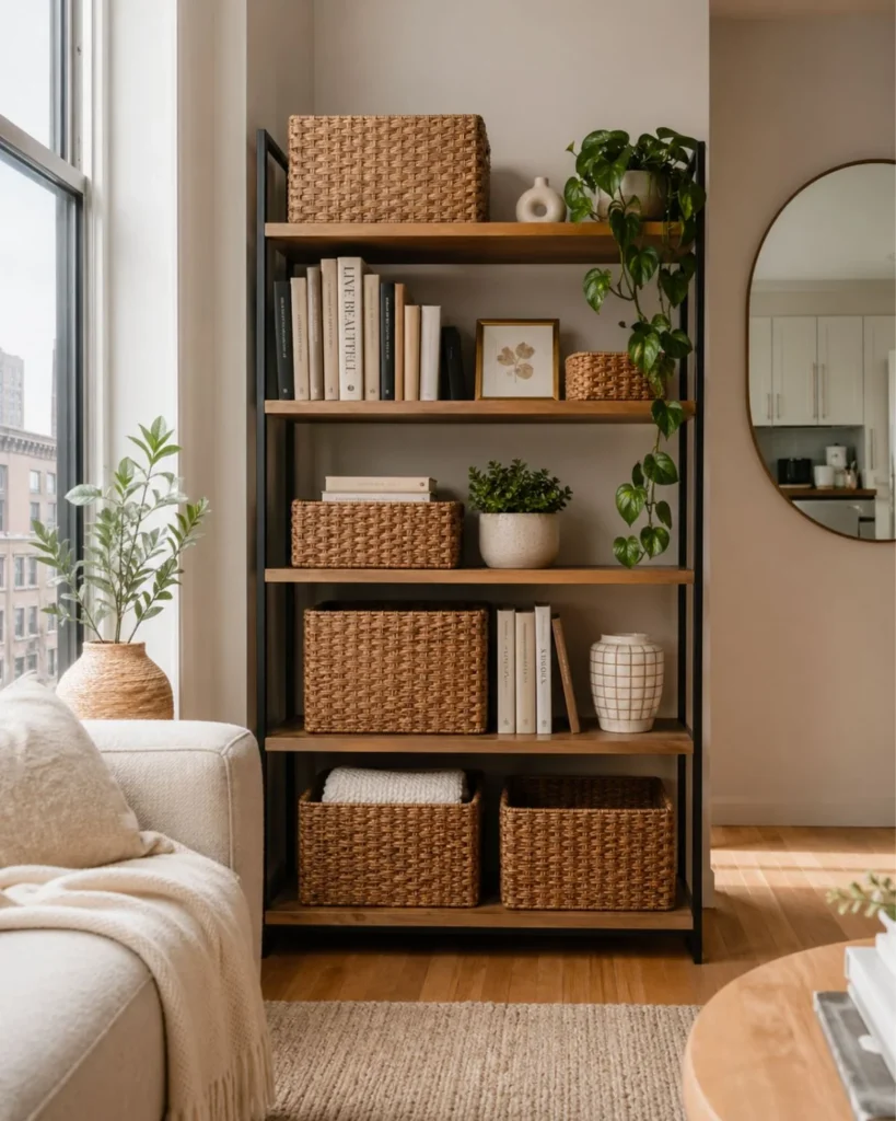 Small apartment shelving with matching woven baskets and tidy open storage