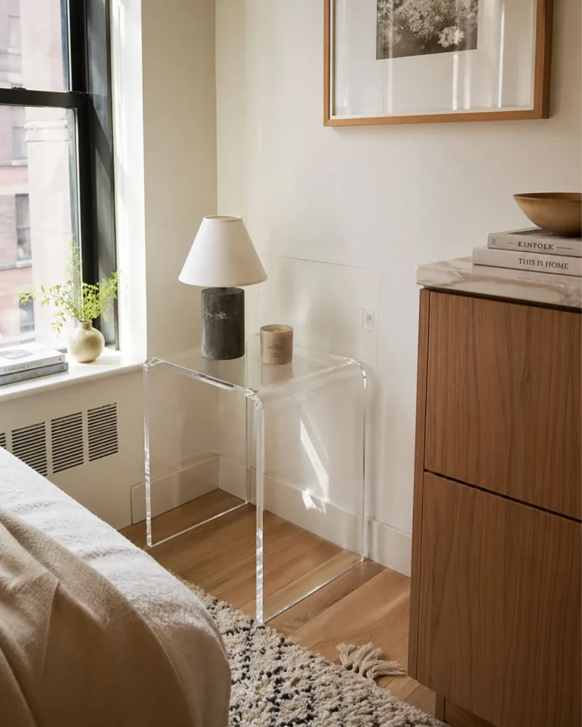 Tight apartment corner with a clear acrylic side table, lamp, and warm neutral decor by the window