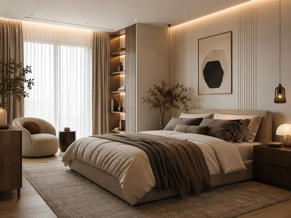 Modern cozy bedroom with neutral tones, warm lighting, and stylish decor ideas