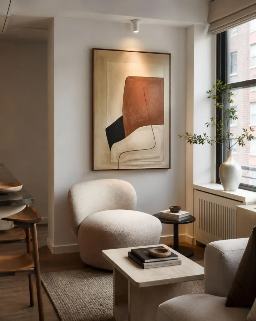 Small apartment seating corner with large abstract artwork and warm modern decor