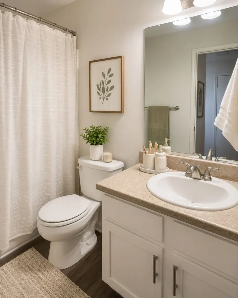 Small apartment bathroom with a light shower curtain, clean mirror, and coordinated counter accessories