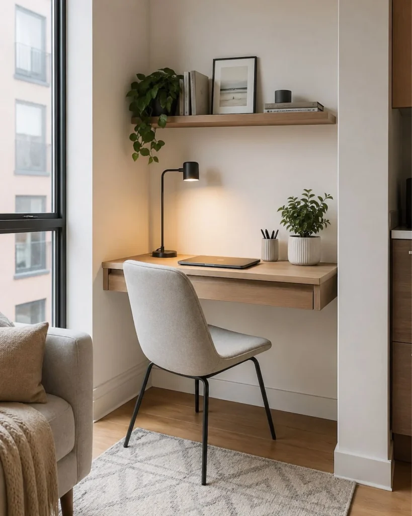 Small apartment desk nook with floating shelf, compact chair, and minimal neutral decor