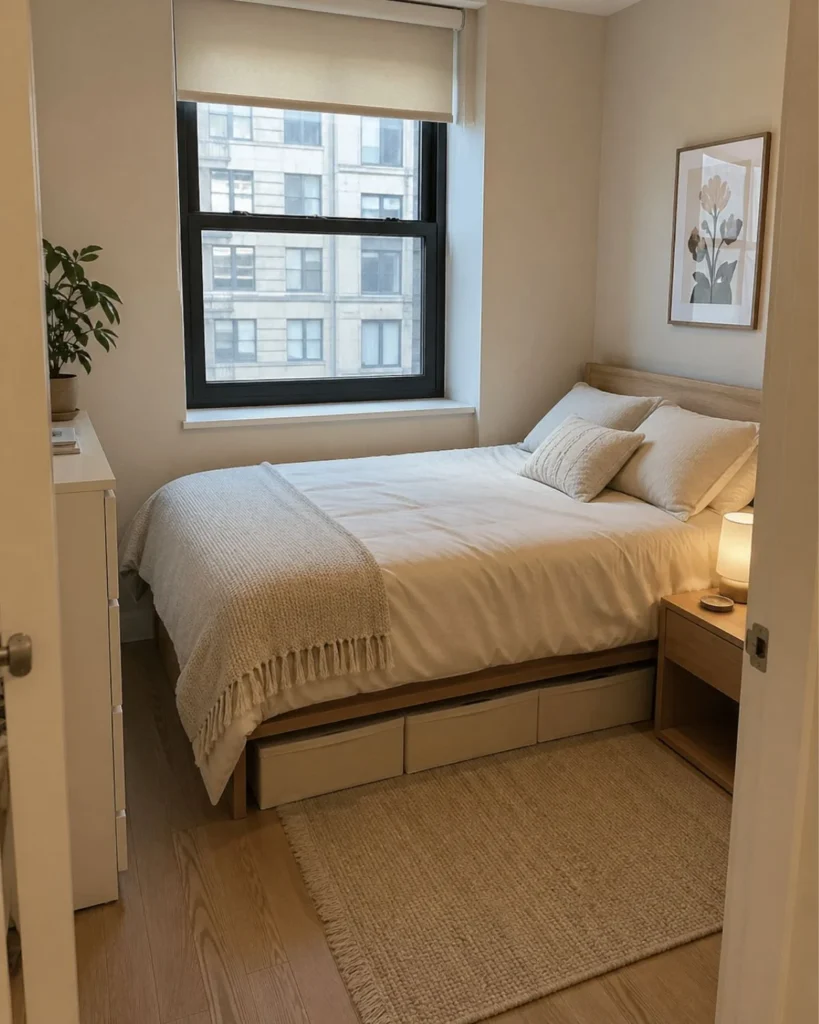 Small apartment bedroom with under-bed storage bins and soft neutral bedding