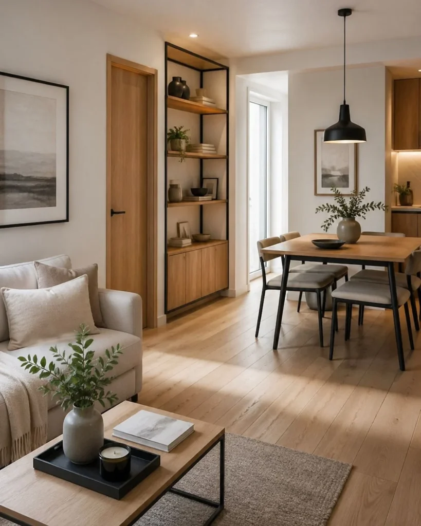Small apartment living and dining area with repeated wood, black metal, and linen textures