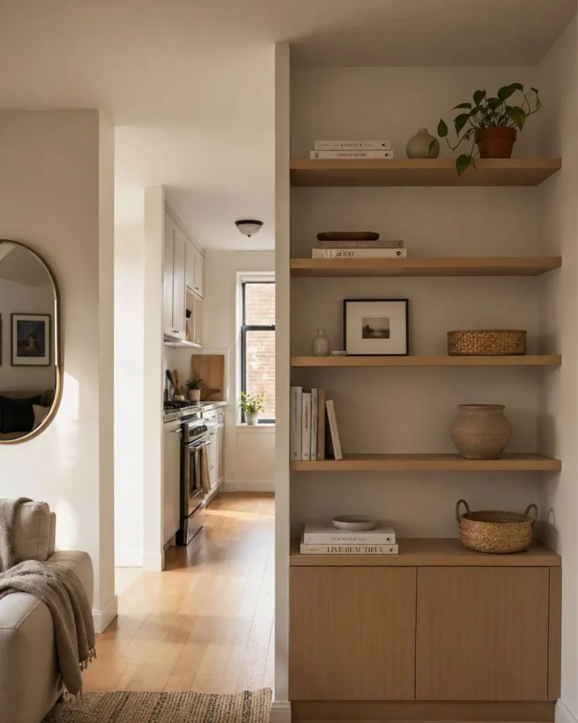 Small apartment open shelving with books, ceramics, baskets, and airy minimal styling