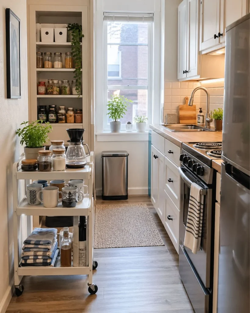 Small apartment kitchen with slim rolling cart, coffee setup, and extra storage