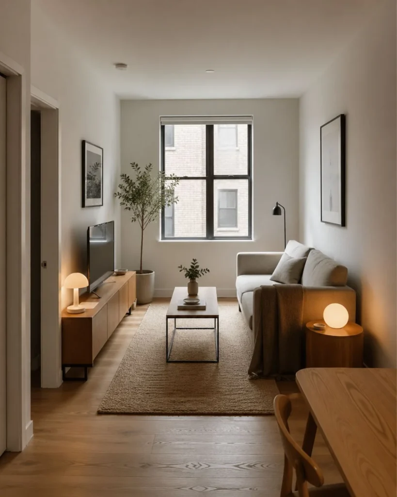 Small apartment living room with airy layout, slim furniture, and intentional negative space