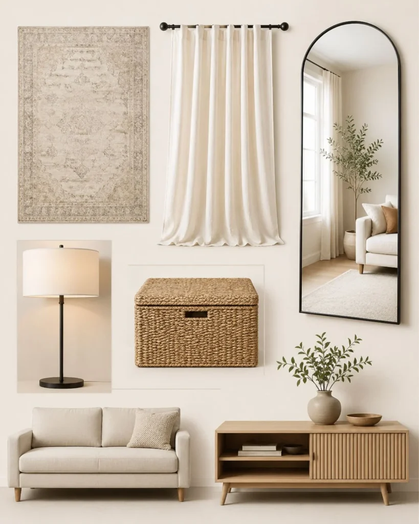 Small apartment styling summary with neutral rug, curtain, mirror, lamp, basket, and slim furniture
