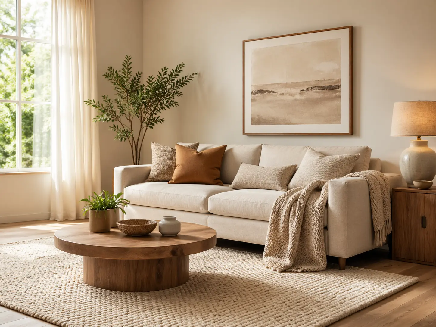 Cozy neutral living room with beige sofa, wooden coffee table, indoor plants, and warm natural light