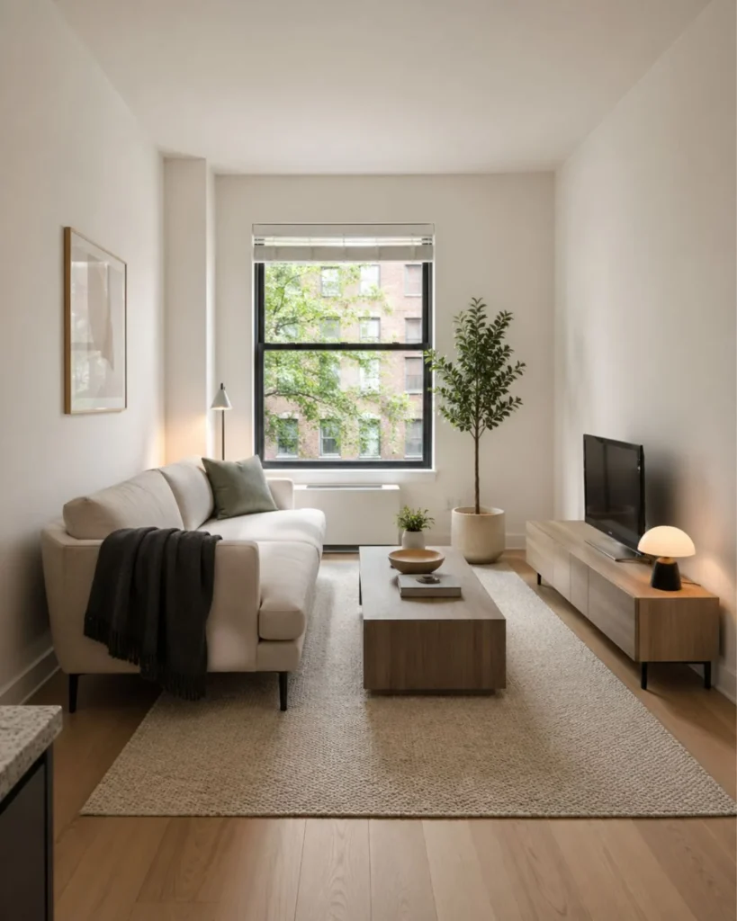 Small apartment living room with low-profile sofa and low media unit