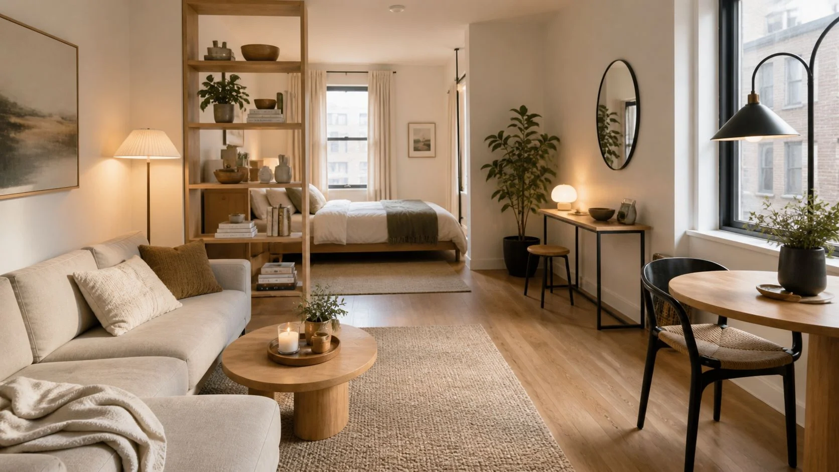 Bright studio apartment with sofa, bed nook, wood divider, desk, dining table, and warm neutral decor.