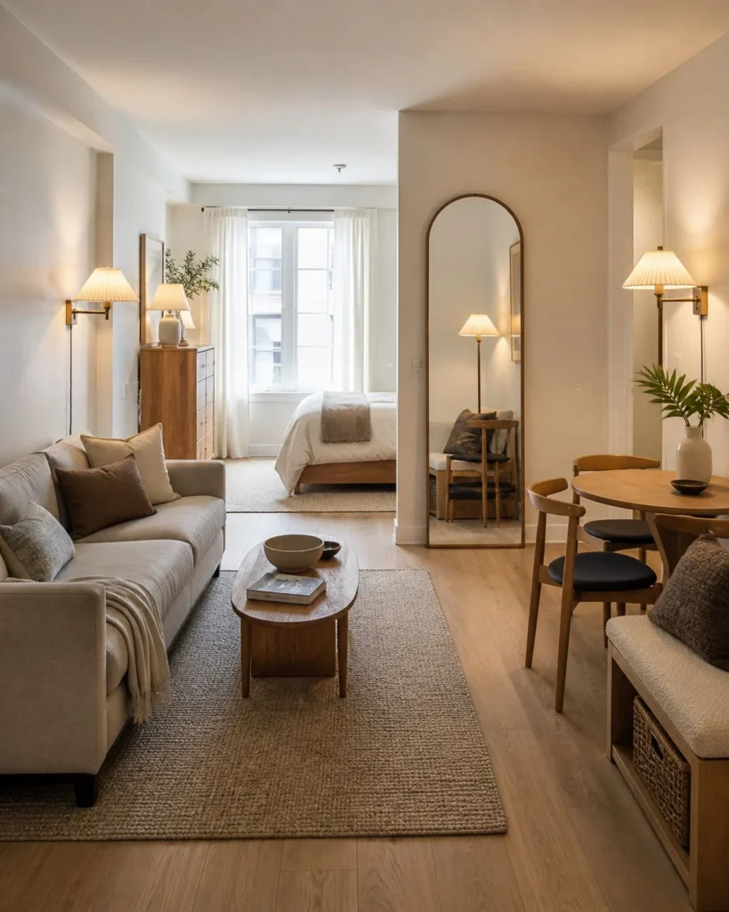 Small studio apartment with defined living, sleeping, and dining zones using a rug, mirror, slim sofa, and warm lighting.