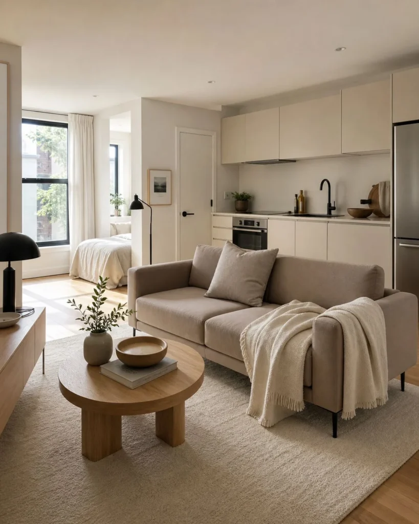 Studio apartment living area defined by a large cream rug, taupe sofa, round coffee table, and one-wall kitchen.