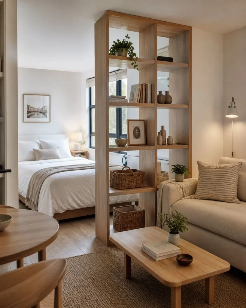Studio apartment with an open bookshelf divider separating a white bed from a cozy sofa area.