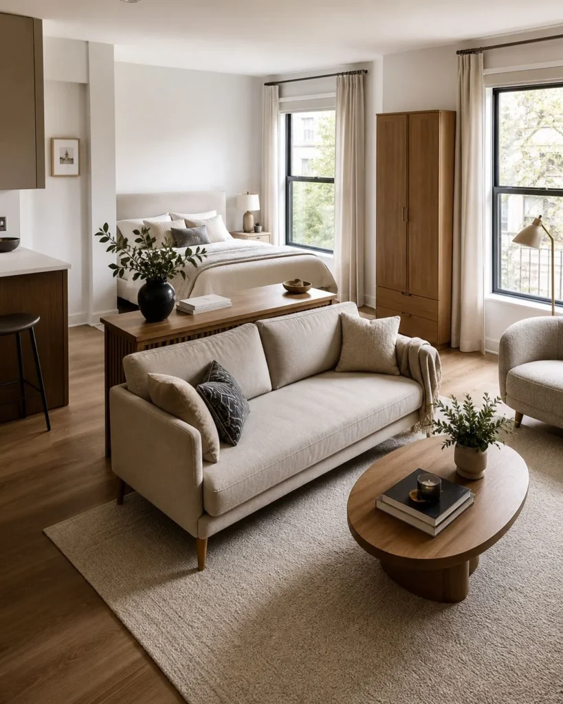 Studio apartment with a floated sofa, console table, and clear walkway separating the lounge from the bed area.