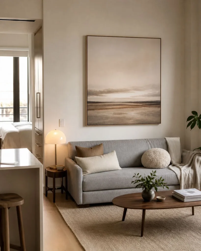 Studio apartment sofa with large framed art above it, neutral decor, warm lamp light, and a calm cozy layout.