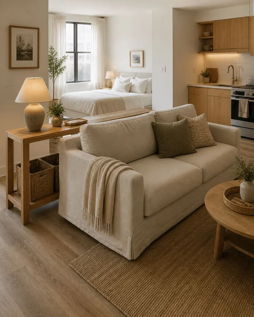 Studio apartment with a slim console table behind the sofa, basket storage, and defined living and sleeping zones.