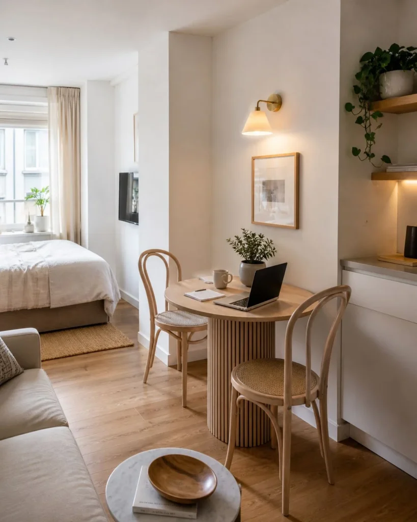 Studio apartment corner with a round dining table used as a desk, two chairs, wall sconce, and soft neutral decor.