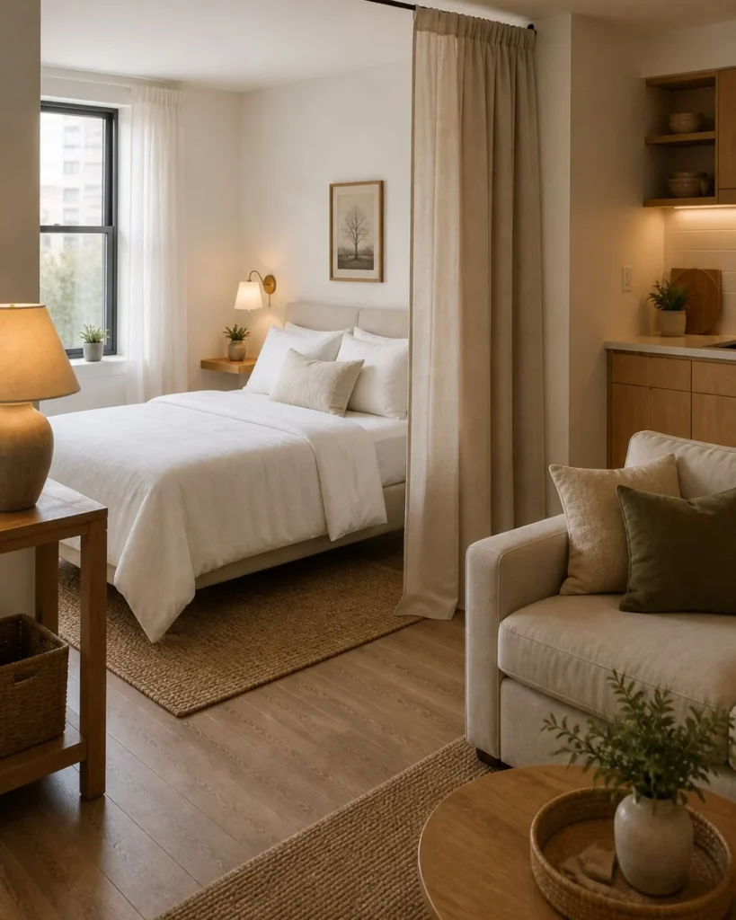 Studio apartment bed nook framed with a curtain panel and rug, separated from the lounge area in a cozy open layout.