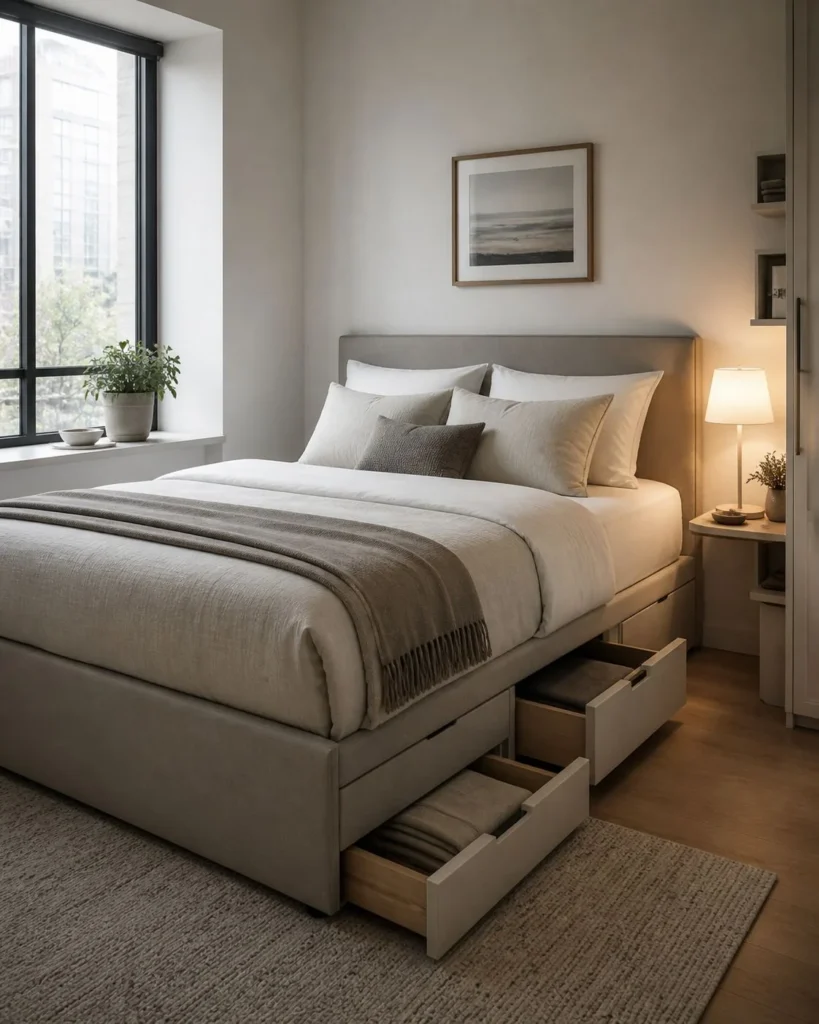 Studio apartment bed with built-in storage drawers, neutral bedding, soft daylight, and a warm bedside lamp.