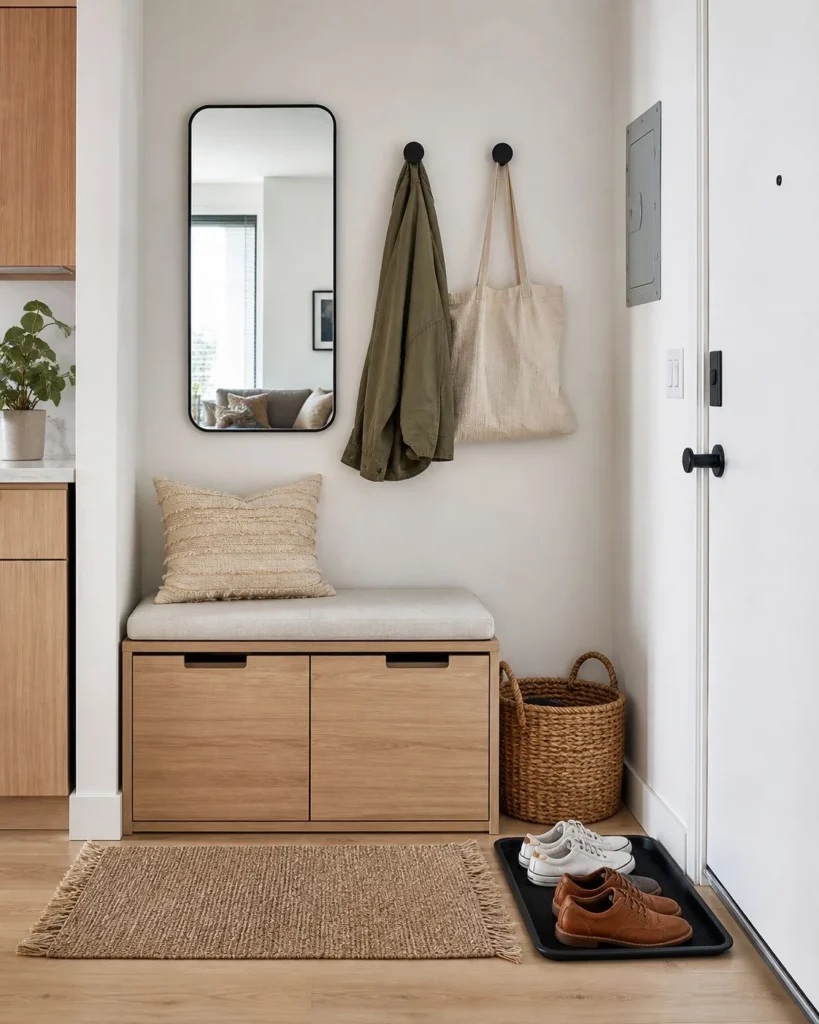 Studio apartment entry with a storage bench, wall hooks, shoe tray, woven basket, and small mirror.