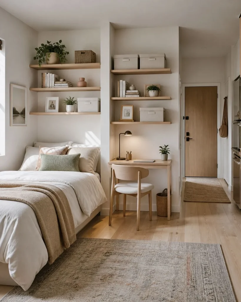 Studio apartment with floating wall shelves above a slim desk and beside the bed, styled with neat neutral storage.
