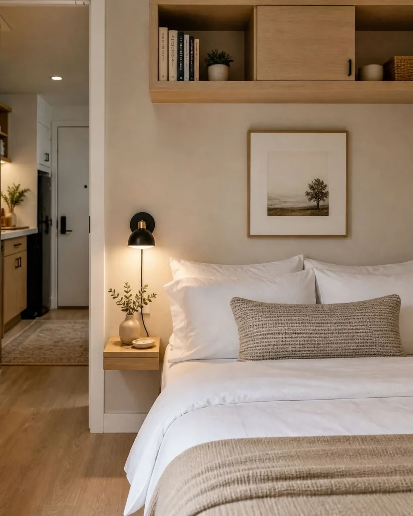 Floating bedside shelf and wall sconce in a compact studio sleeping area with white bedding and minimal decor.